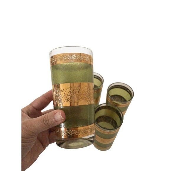 Vintage Starlyte Mid-Century Gold & Green Highball Glasses Set Of 6 - Picture 9 of 10